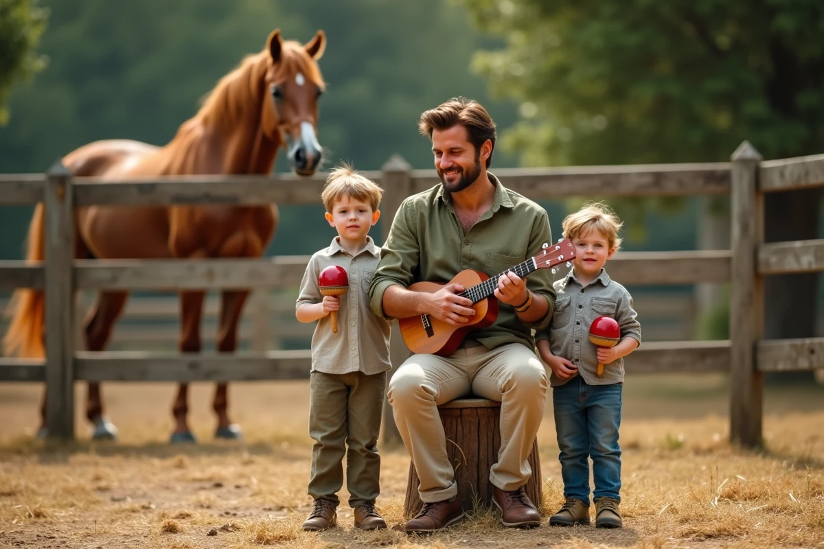 Père jouant du ukulélé avec ses enfants dans une ferme pendant une activité d'éveil musical autour du thème du cheval