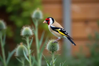 Chardonneret élégant aux plumes colorées perché sur une tige de chardon dans un jardin résidentiel