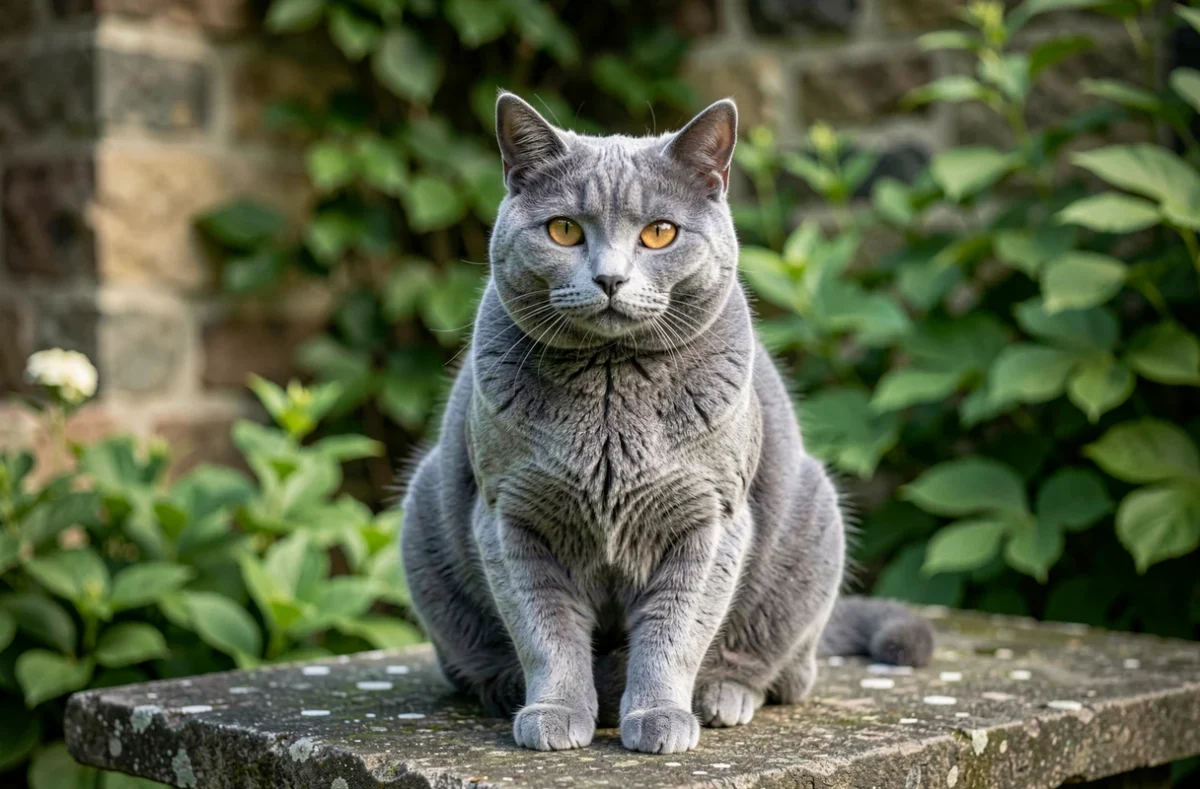 Chat Chartreux à la robe bleu-gris et aux yeux cuivrés posé sur un banc en pierre dans un jardin alsacien verdoyant, fourrure dense et regard expressif