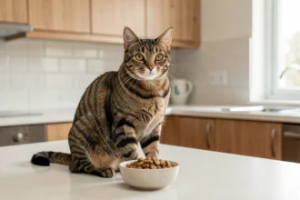 Chat adolescent de 12 mois assis devant un bol de croquettes dans une cuisine moderne