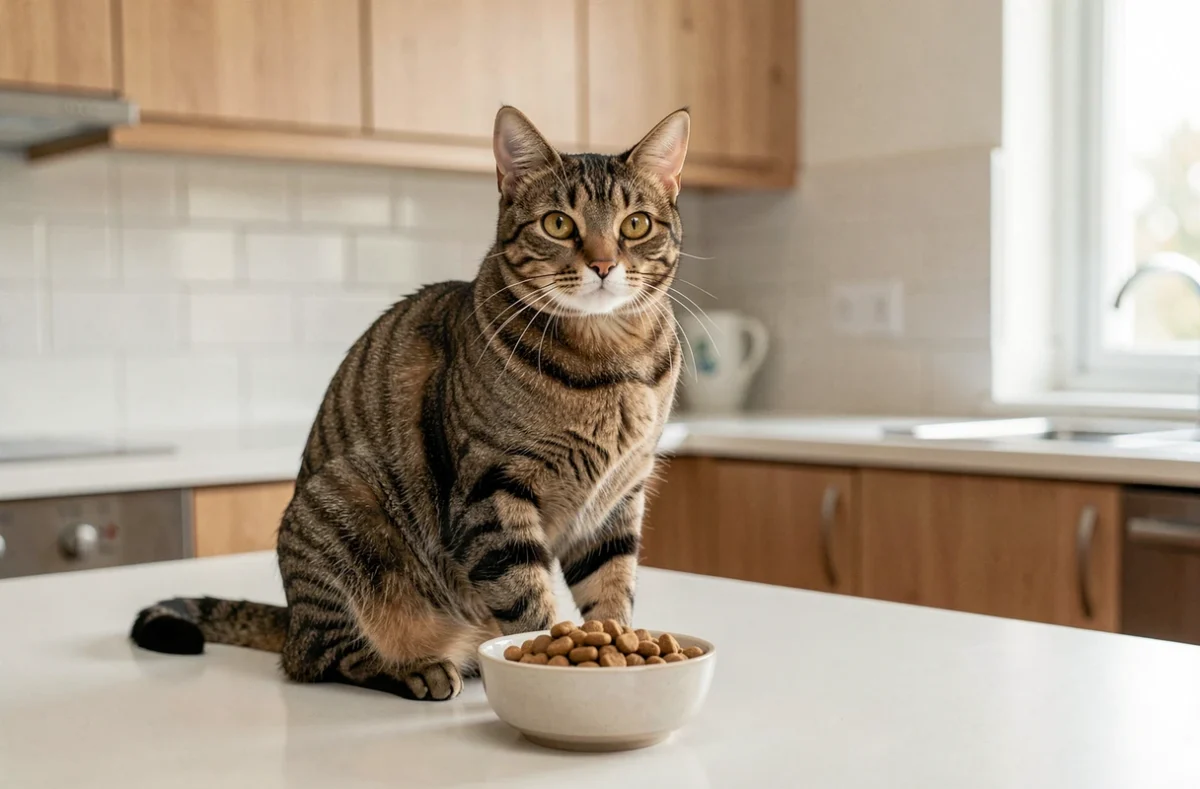 Chat adolescent de 12 mois assis devant un bol de croquettes dans une cuisine moderne