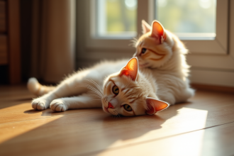 Chat beige au soleil sur un sol en bois pour l'article
