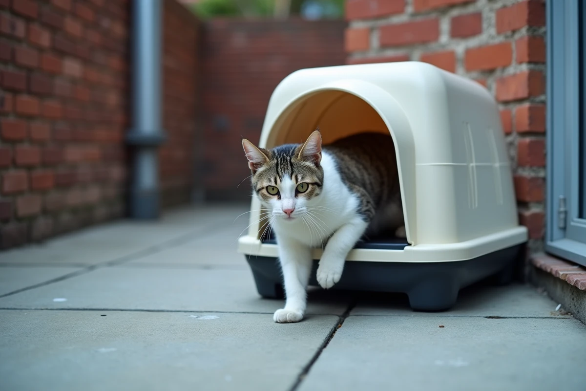 Chat blanc et gris sortant d'un abri extérieur isolé en plastique sur un patio en béton de cour d'immeuble