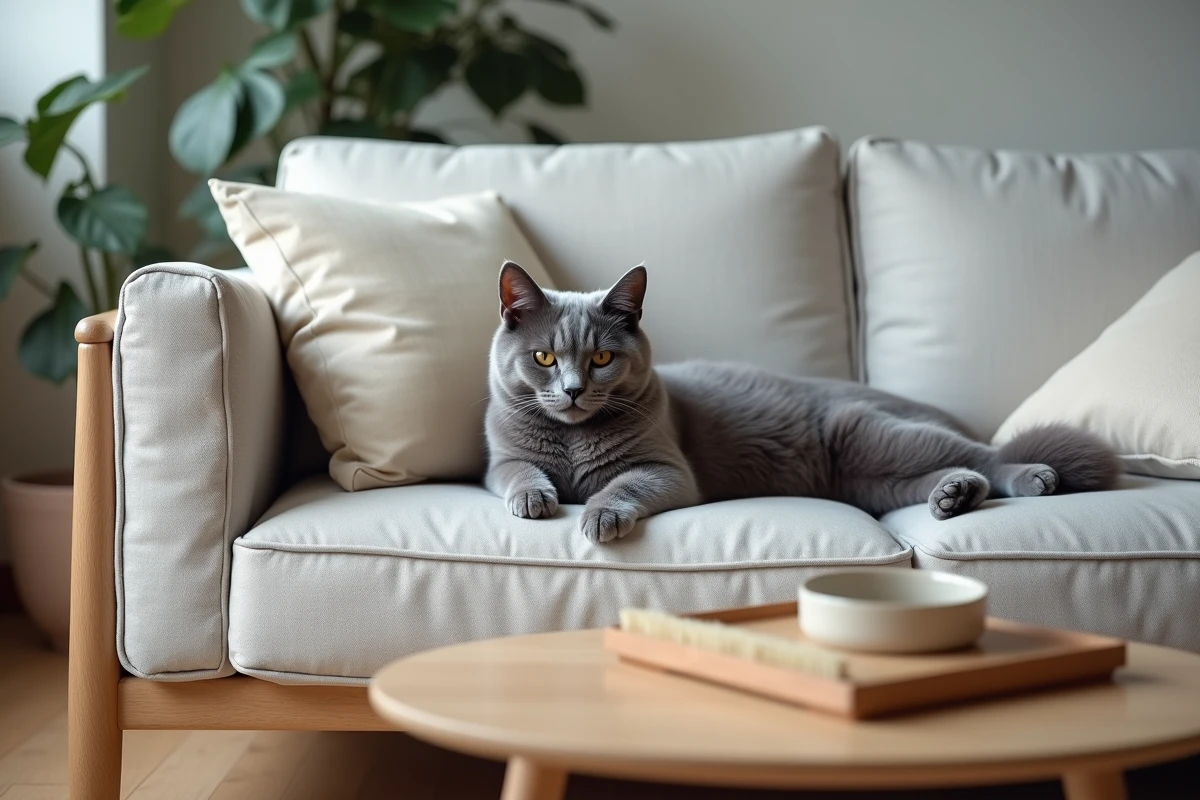 Chat bleu de Russie bien entretenu se reposant sur un canapé en lin gris dans un salon moderne