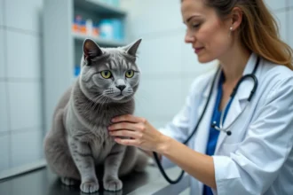 Chat bleu de Russie examiné par une vétérinaire en clinique sur une table en acier inoxydable