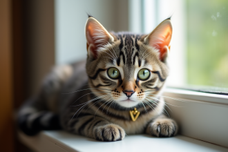 Chat gris aux yeux verts sur un rebord de fenêtre ensoleillé