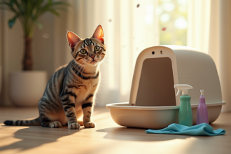Chat curieux à côté d'une litière moderne dans un salon propre