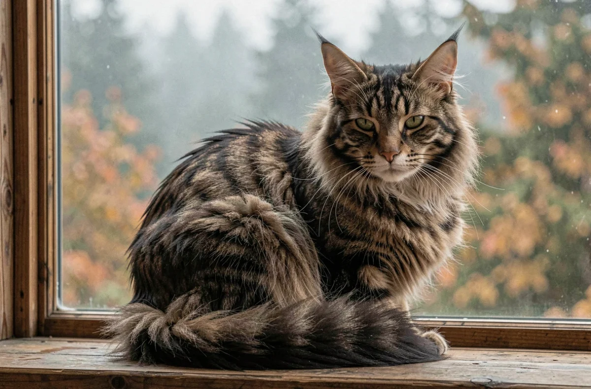 Chat Maine Coon tacheté perché sur un rebord de fenêtre en bois rustique face à une forêt automnale brumeuse