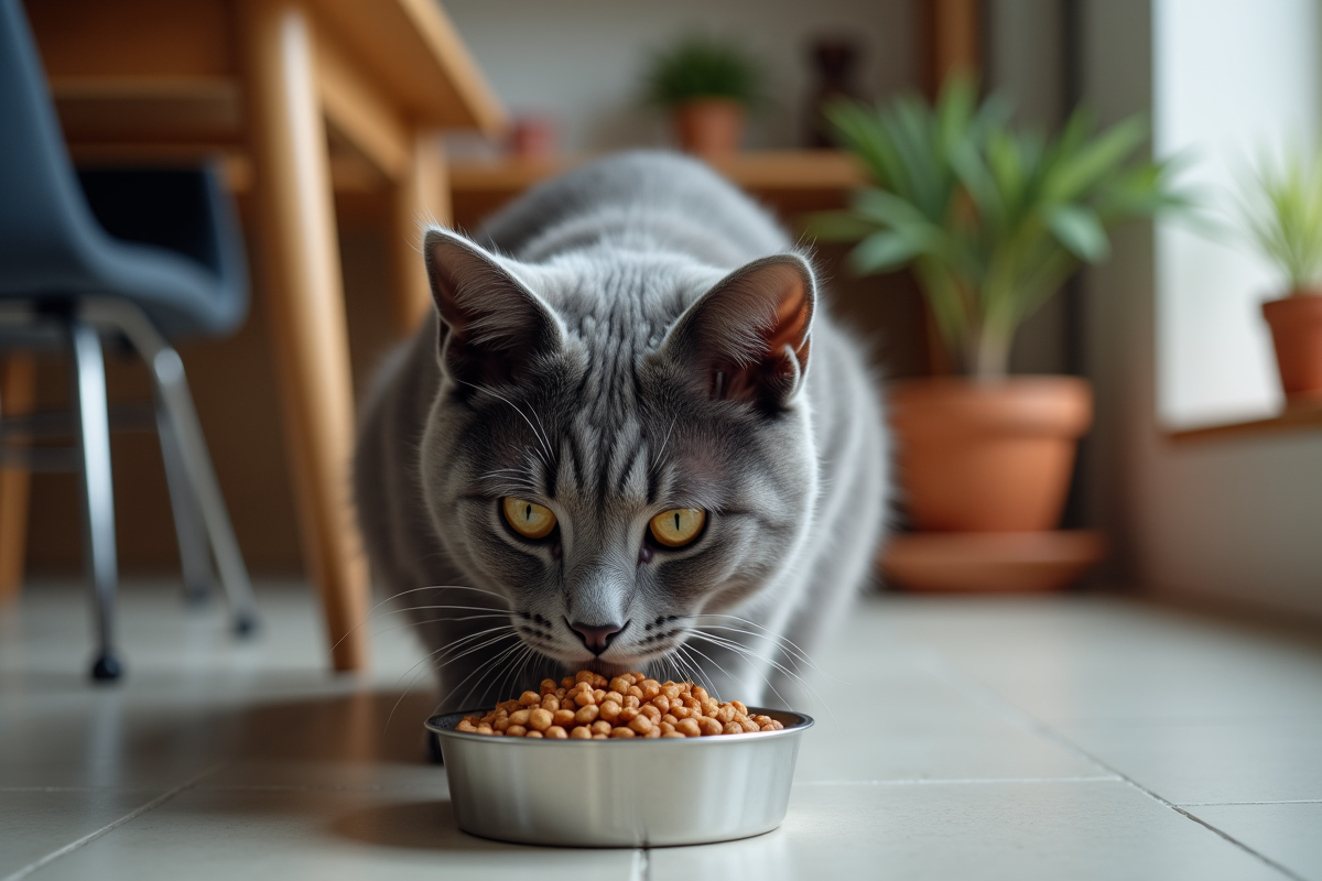 Chat russe bleu mangeant des croquettes sans céréales