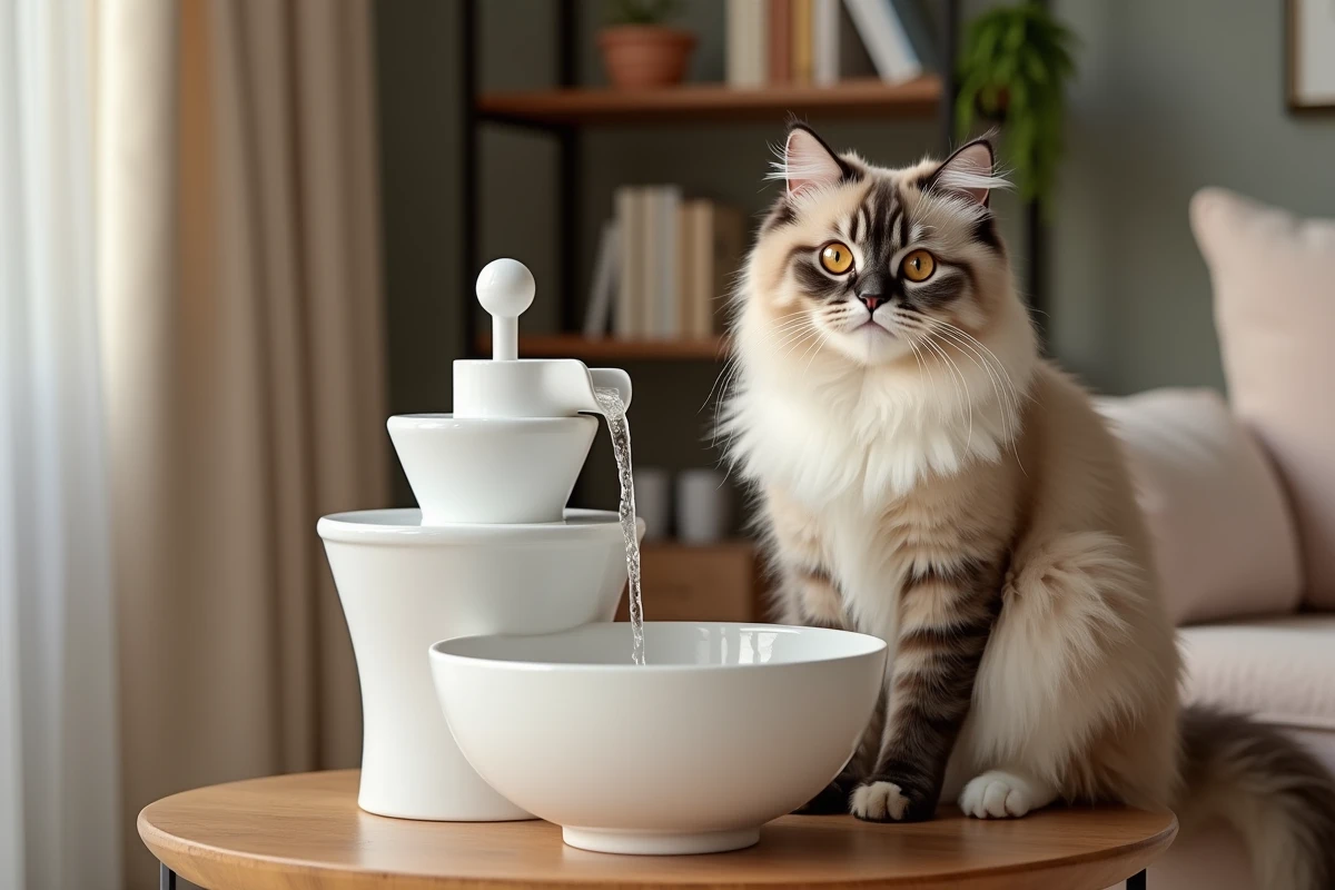 Chat persan roux observant une fontaine à eau en céramique blanche sur une table en bois dans un salon