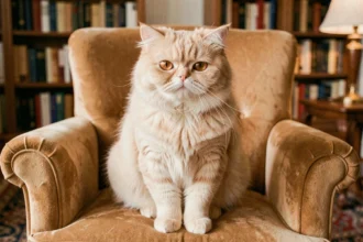 Chat persan à la fourrure crème et aux yeux cuivrés assis sur un fauteuil en velours dans un salon élégant