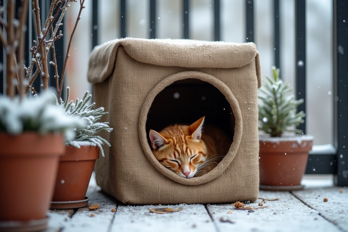 Chat roux dormant dans un abri chat fait maison isolé en bac de rangement recouvert de jute sur balcon en hiver