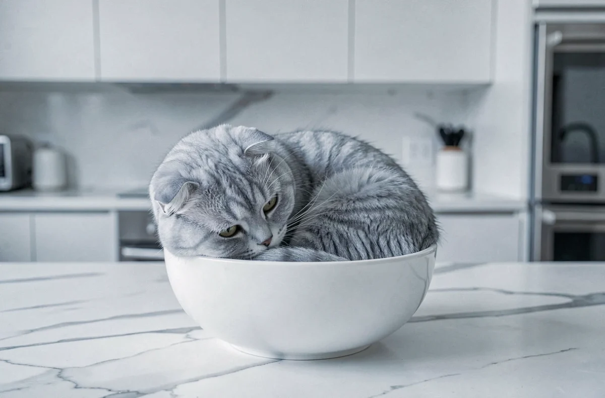 Chat Scottish Fold au pelage bleu argenté lové dans un bol en céramique blanche sur un plan de travail en marbre
