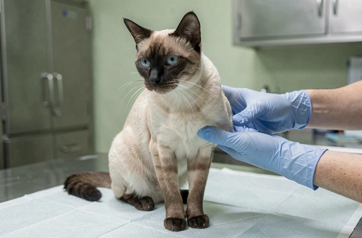 Chat siamois aux yeux bleus examiné par un vétérinaire sur une table de consultation clinique, regard vif vers l'objectif