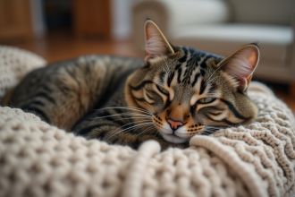 Chat domestique âgé de 10 ans allongé sur une couverture beige