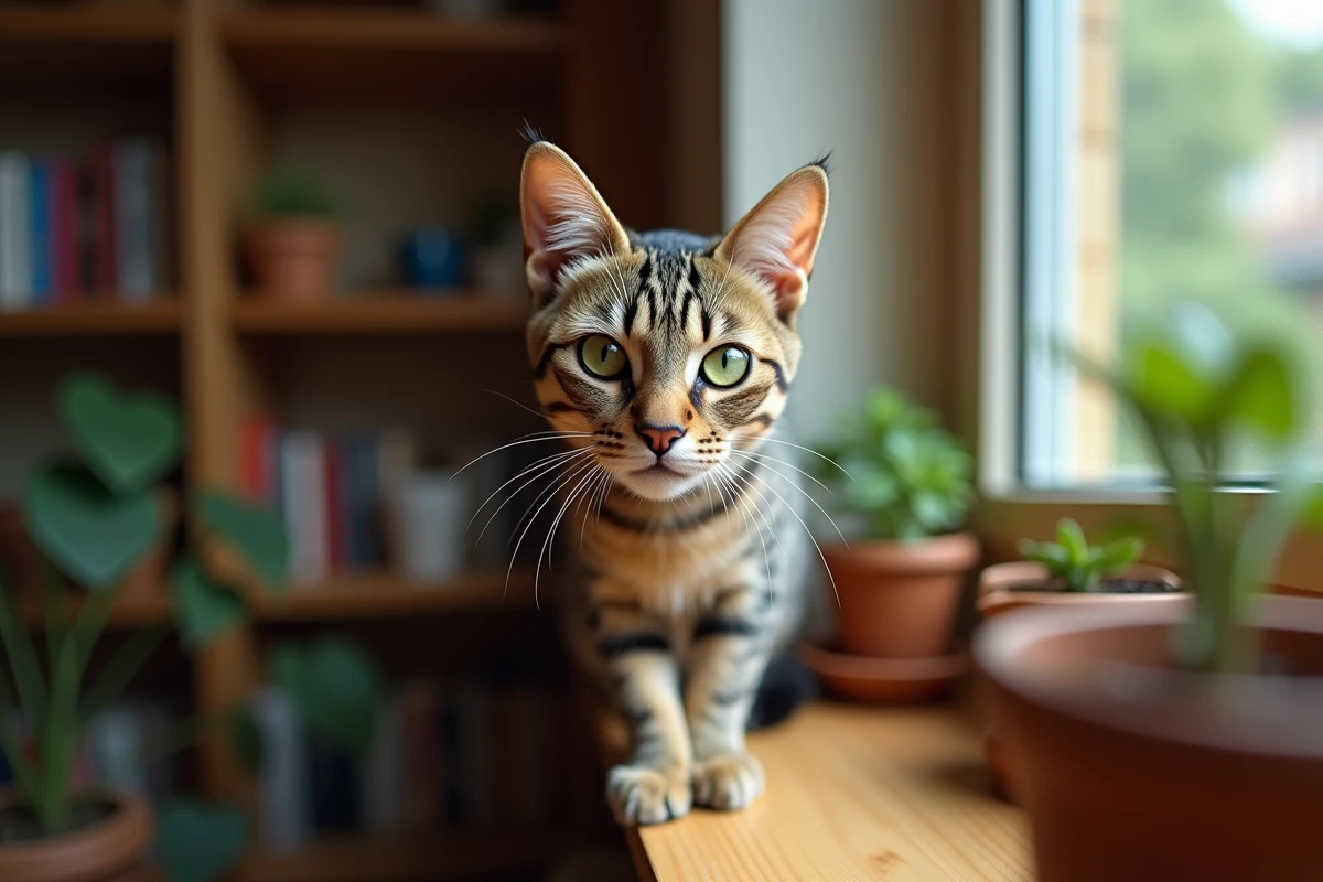 Chat tigré assis sur un rebord de fenêtre en bois regardant l'objectif, photo illustrant un site d'actualités pour animaux
