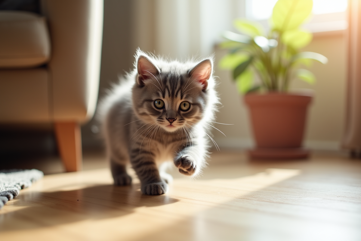 Chaton angora gris explorant un salon en lumière naturelle