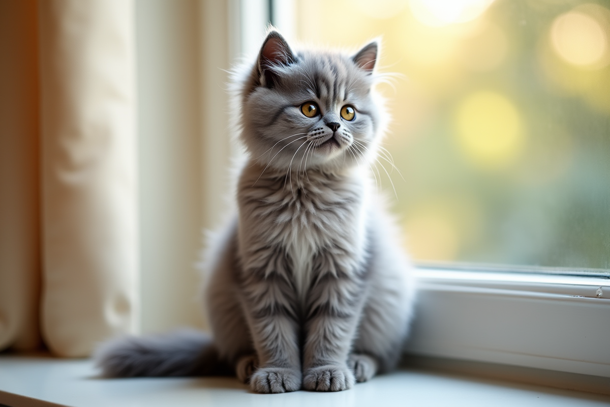 Chaton angora gris sur une fenêtre en lumière douce