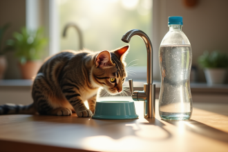 Chat tigré curieux buvant dans un bol d'eau en cuisine
