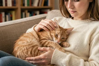 Chaton roux affectueux niché dans les bras d'une femme portant un pull en laine crème dans un salon cosy