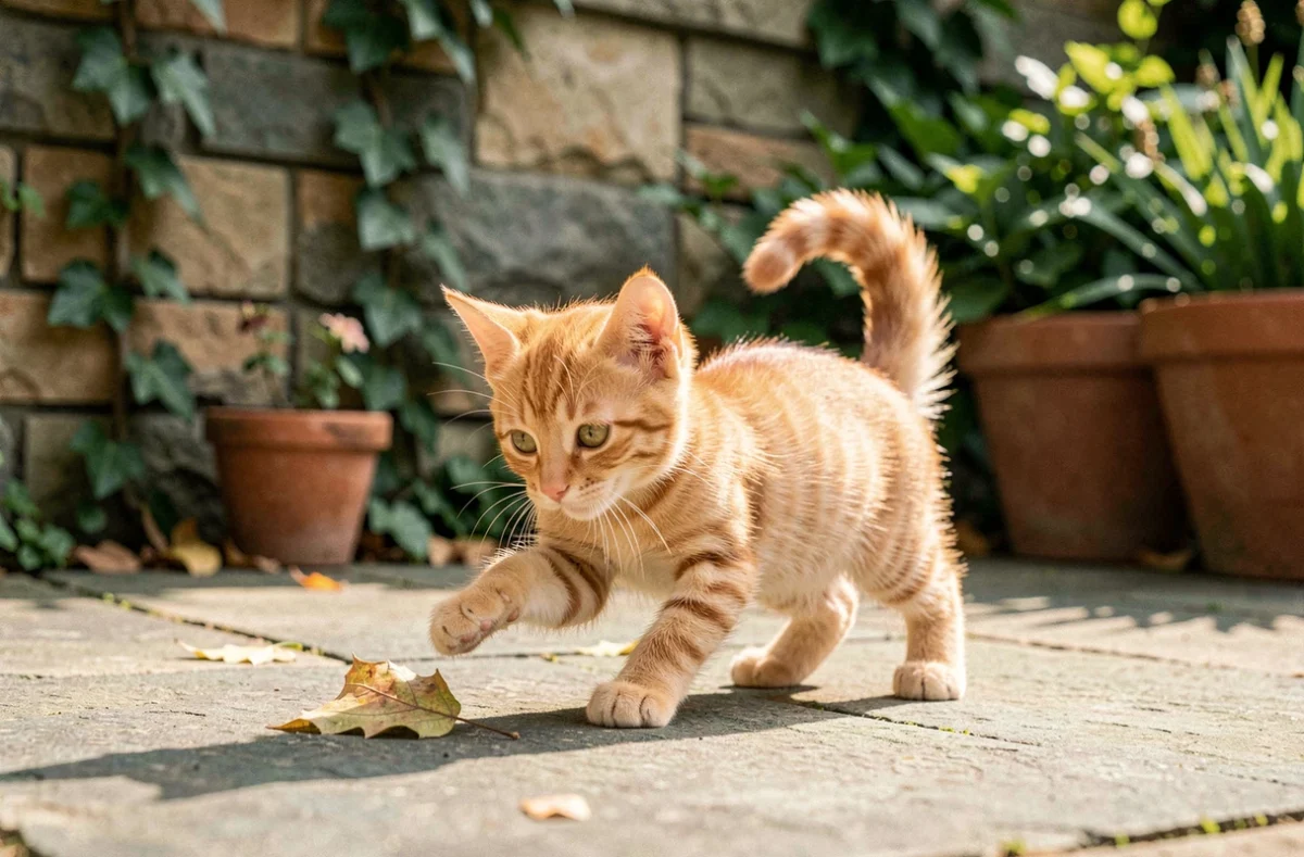 Chaton roux jouant seul sur une terrasse en pierre entourée de plantes vertes dans un jardin ensoleillé