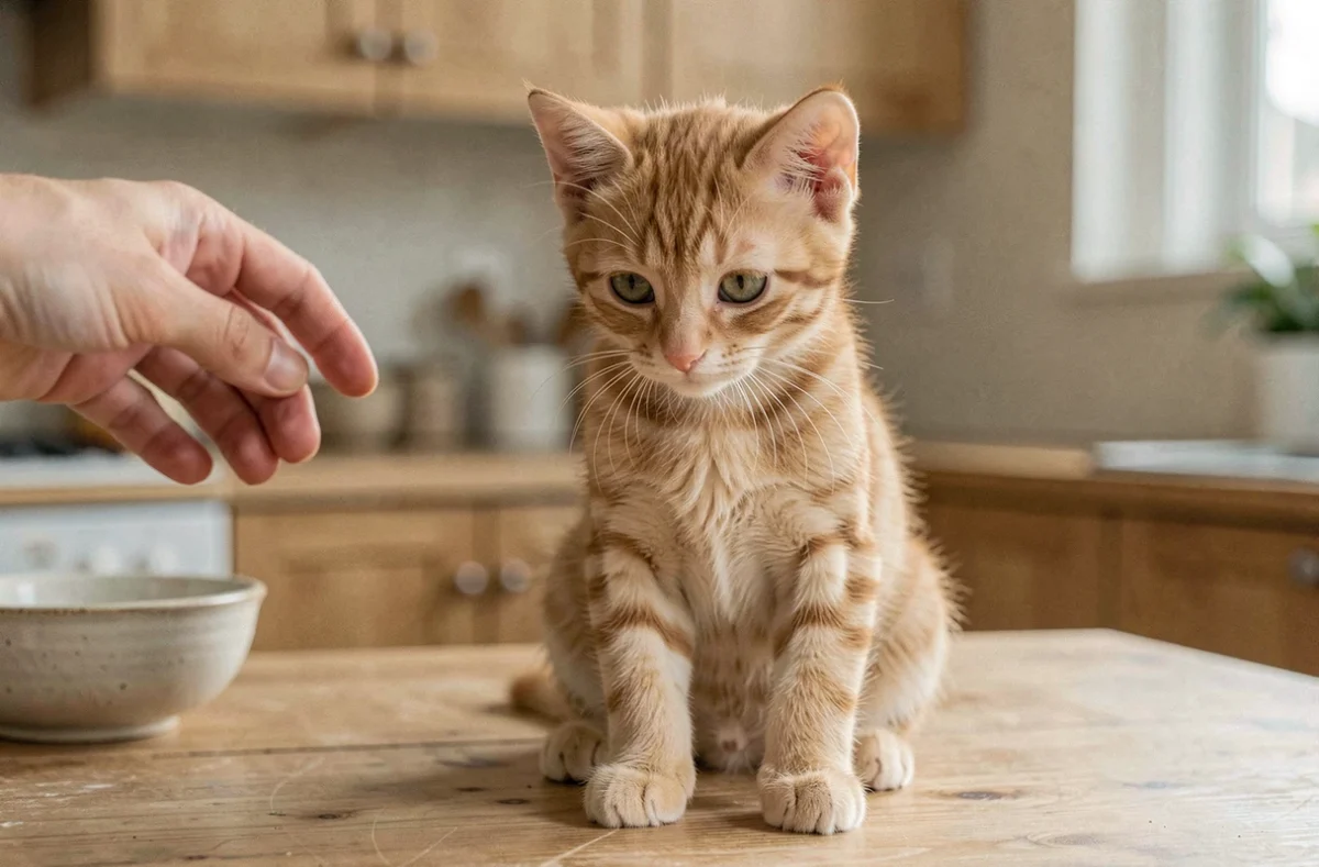 Chaton roux aux oreilles aplaties sur une table en bois montrant des signes de méfiance face à une approche humaine