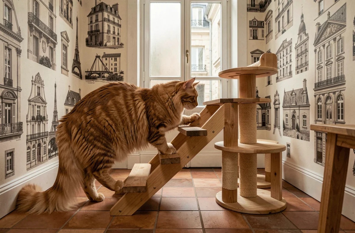 Un Maine Coon roux explorant une structure d'escalade en bois à la pension Chatperlipopet à Lyon