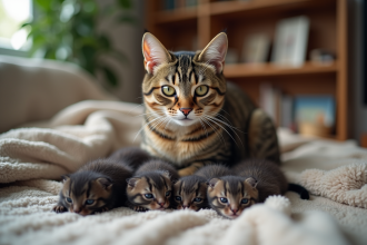 Chatte tigrée protectrice avec ses chatons à la maison