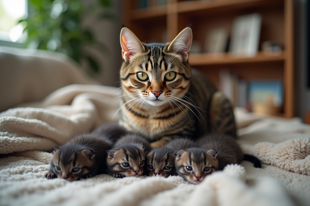 Chatte tigrée protectrice avec ses chatons à la maison