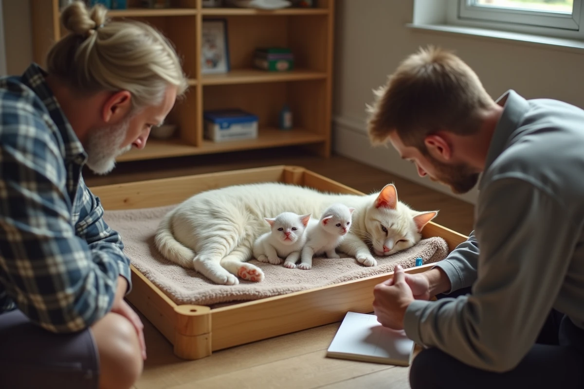 Homme observant une chatte British Shorthair allaitant ses chatons dans une chatterie avant de poser ses questions à l'éleveur