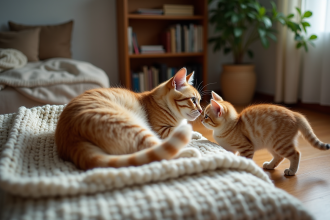 Chatte domestique au repos avec un jeune chat curieux dans un intérieur chaleureux