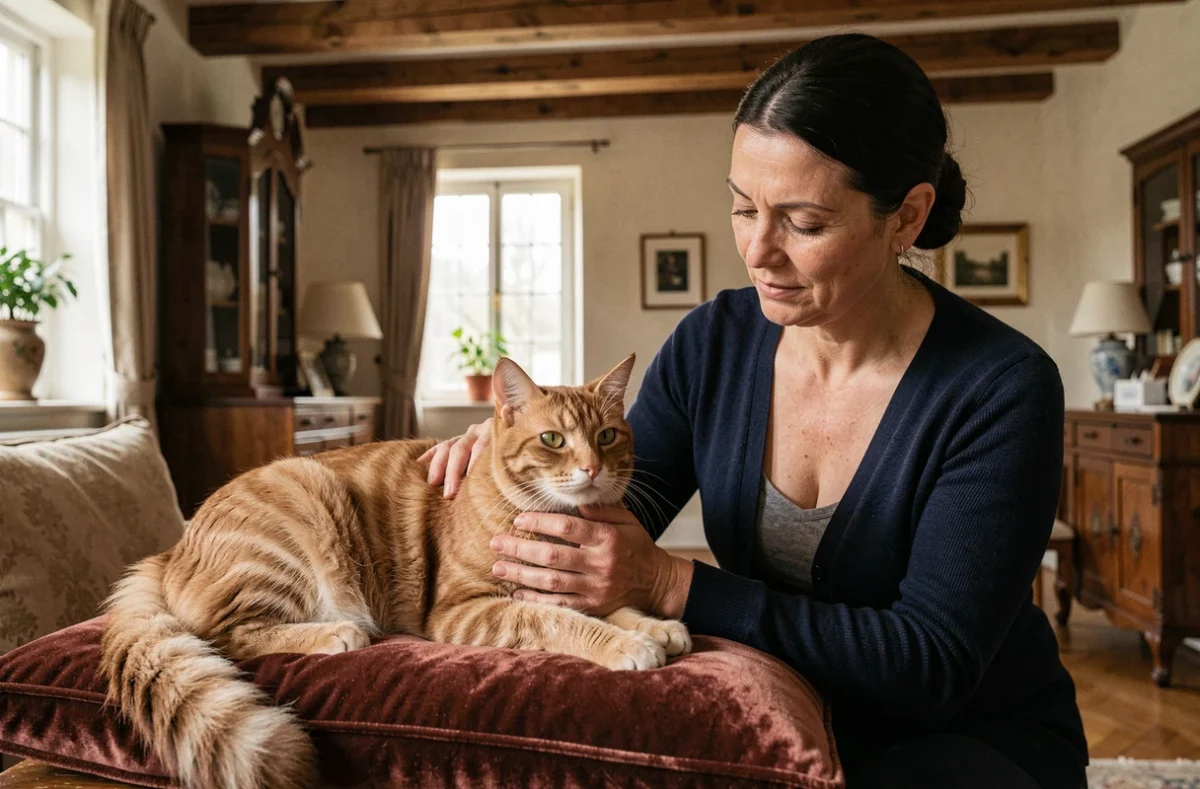 Femme éleveuse dans la quarantaine caressant un chat de race pure sur un coussin en velours dans un intérieur alsacien avec poutres en chêne apparentes