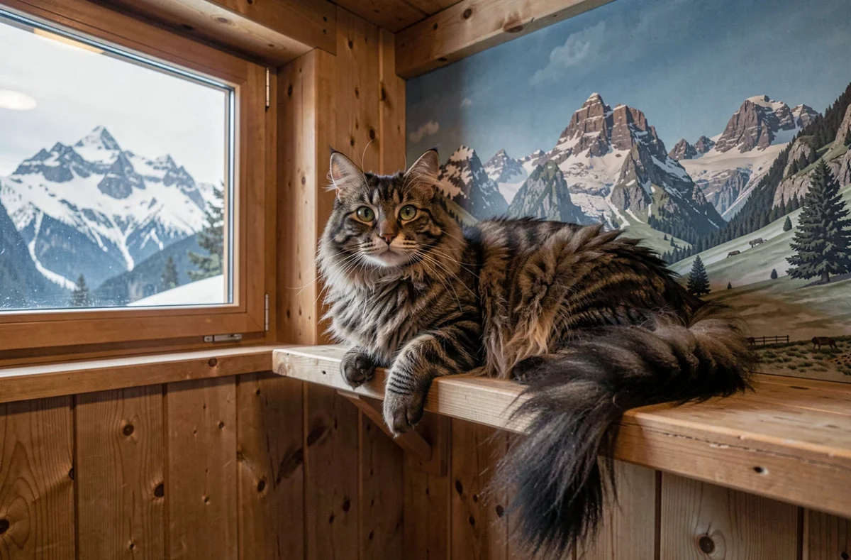 Un chat des forêts norvégiennes reposant dans un enclos de style chalet alpin à La Chatterie du Semnoz à Seynod en Haute-Savoie