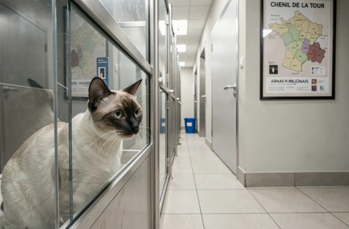 Un chat siamois regardant à travers la vitre de son enclos au Chenil de la Tour à Arnas dans le Rhône