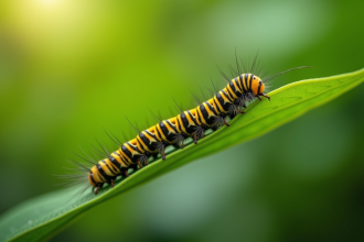 Chenille jaune et noire sur une feuille verte lumineuse