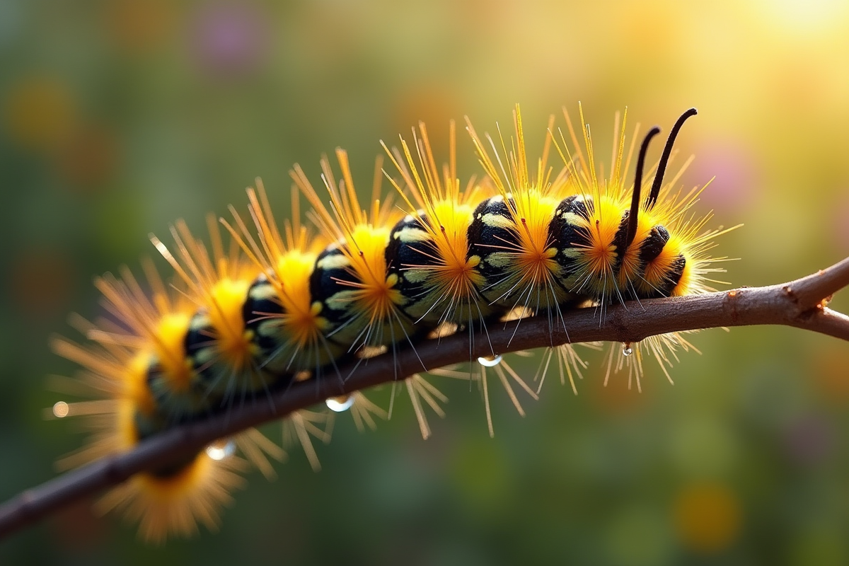 Chenille sur brindille avec rosée matinale et fleurs colorées
