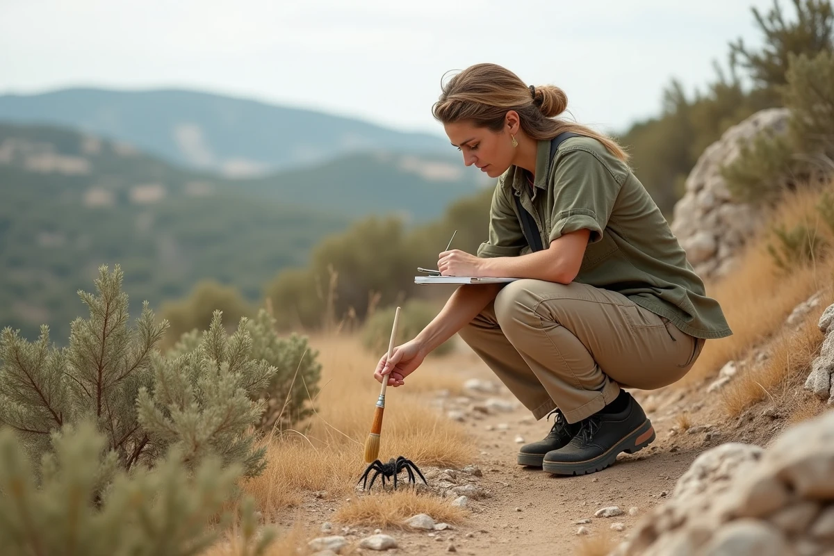 Chercheuse étudiant l'habitat de la mygale de Provence dans une garrigue provençale dégradée par le réchauffement climatique