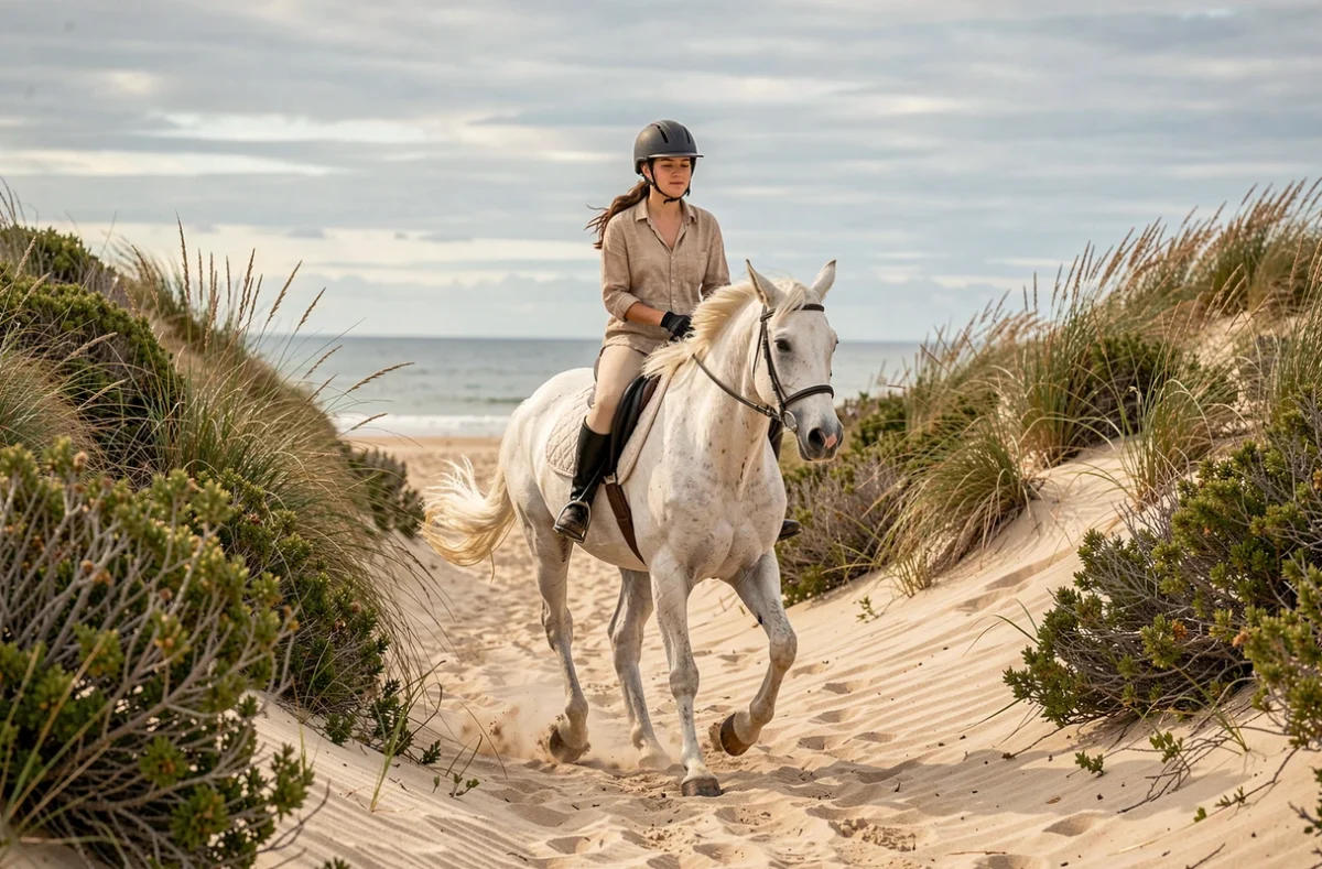Une cavalière en chemise beige galopant sur un cheval gris clair le long d'un sentier de dunes à La Chevauchée des Dunes près de Saint-Jean-de-Monts