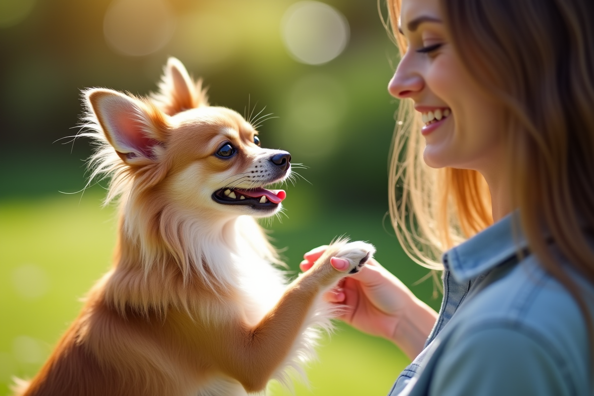 Chihuahua apprenant à donner la patte à une femme dans un jardin