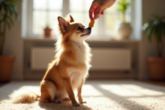 Chihuahua à poil long assis sur un tapis en lumière naturelle