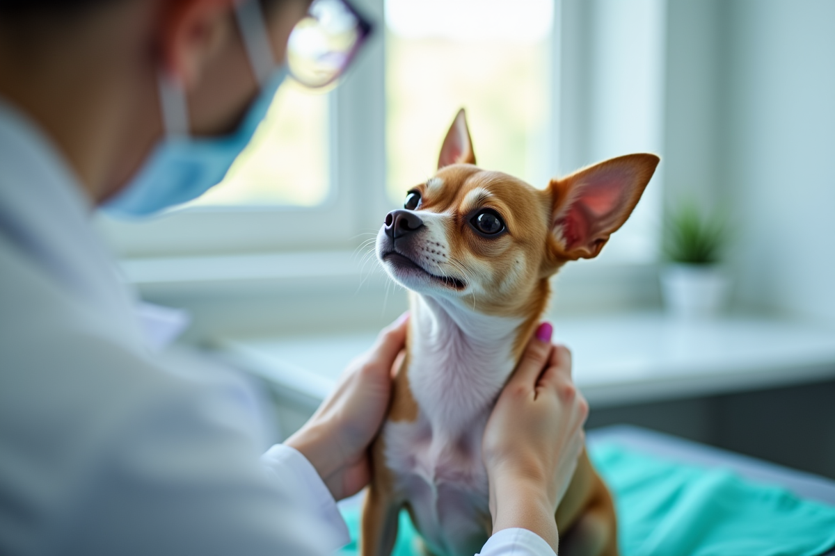 Chihuahua adulte examiné par un vétérinaire en clinique