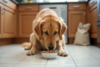 Chien golden retriever reniflant un bol de croquettes ultra premium dans une cuisine domestique