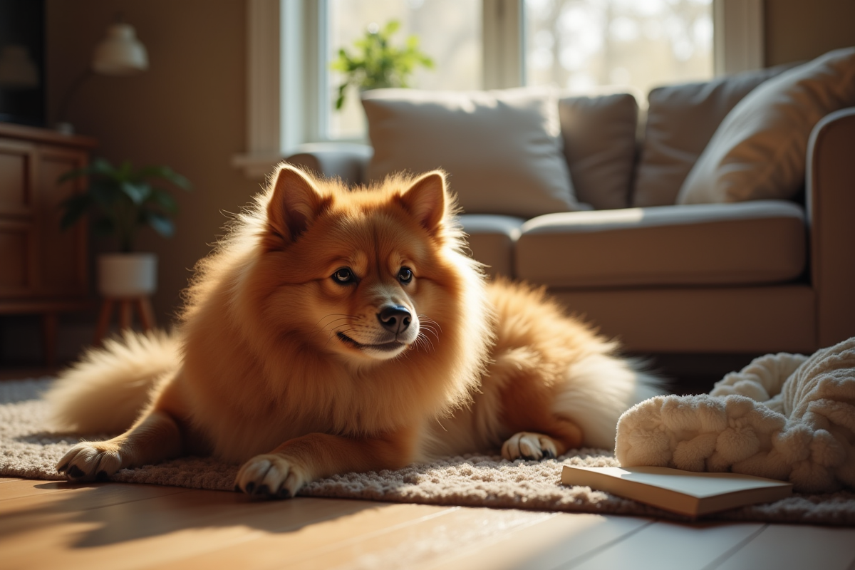 Finnish Spitz allongé sur le sol avec un enfant lisant à côté