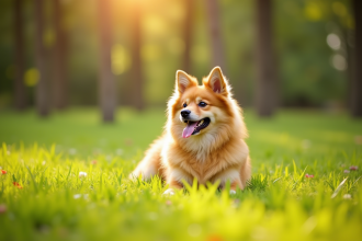 Finnish Spitz assis dans un parc ensoleille avec pelouse verte