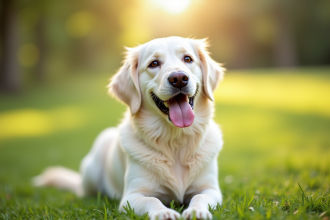 Golden retriever blanc assis en plein air en lumière naturelle