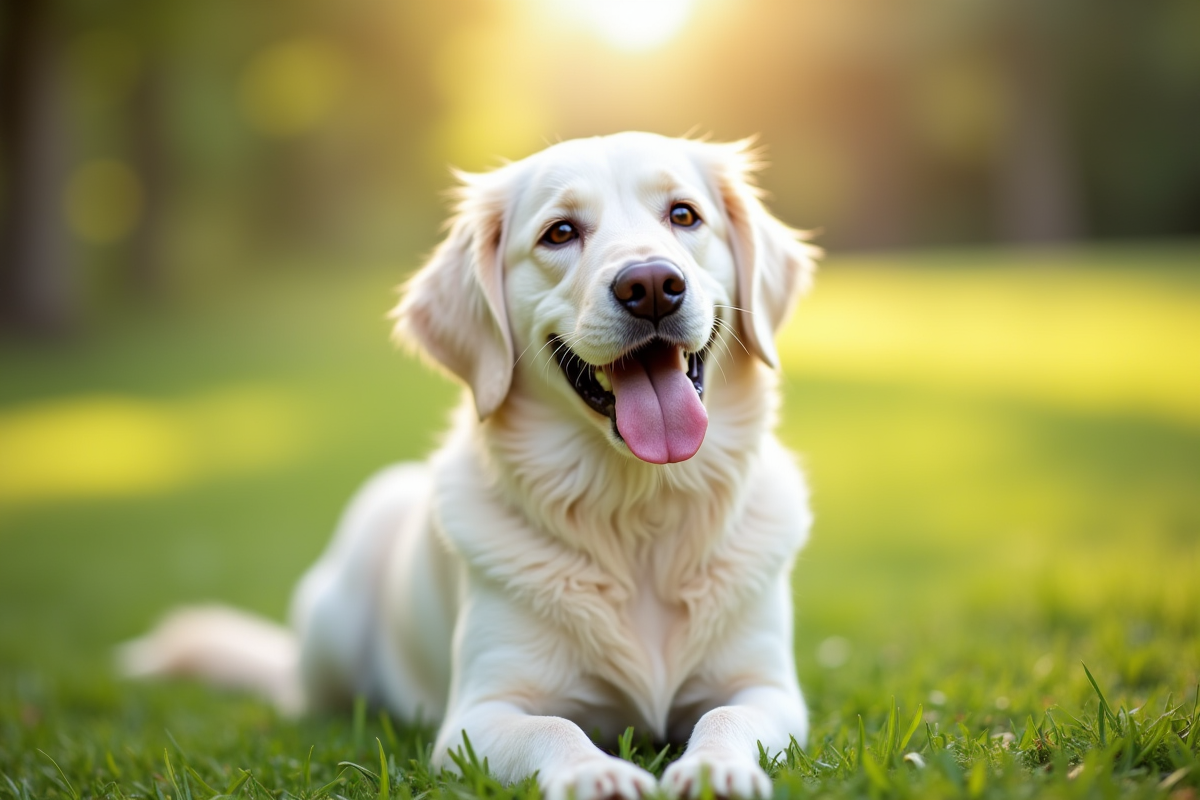 Golden retriever blanc assis en plein air en lumière naturelle