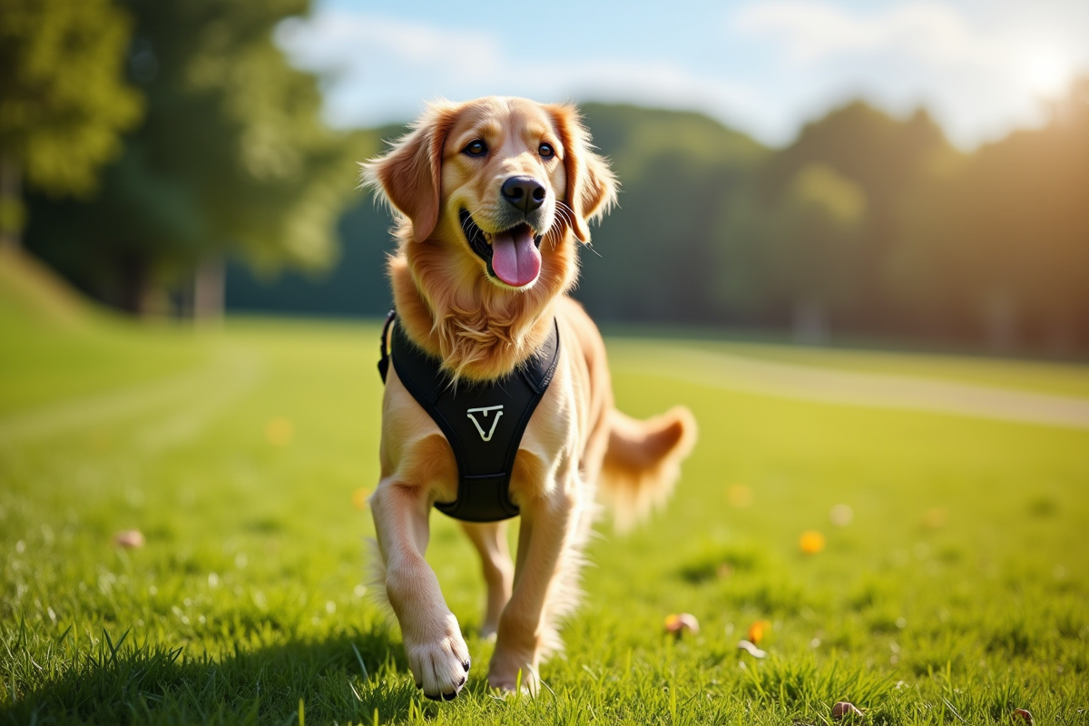 Golden retriever heureux portant un harnais Yshaped lors d'une promenade en parc