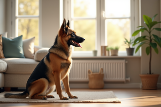 Chien Laekenois assis dans un salon lumineux