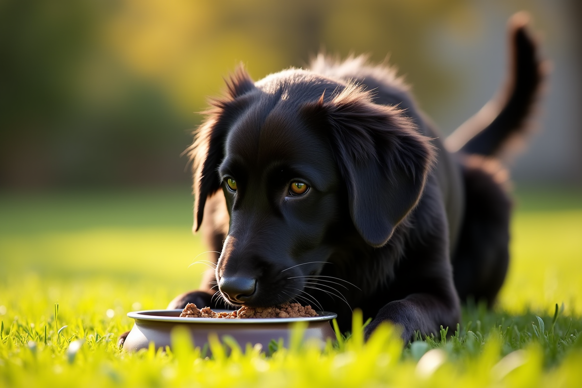 Chien noir mangeant dans l