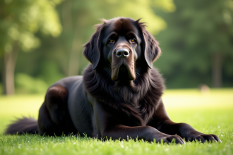 Chien Newfoundland assis dans un champ vert en plein jour